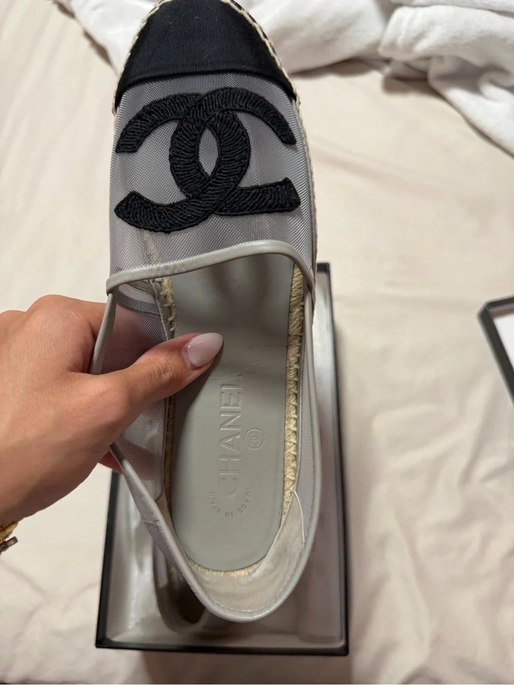 AUTHENTIC CHANEL Black & Gray Mesh Espadrilles with Jute Sole